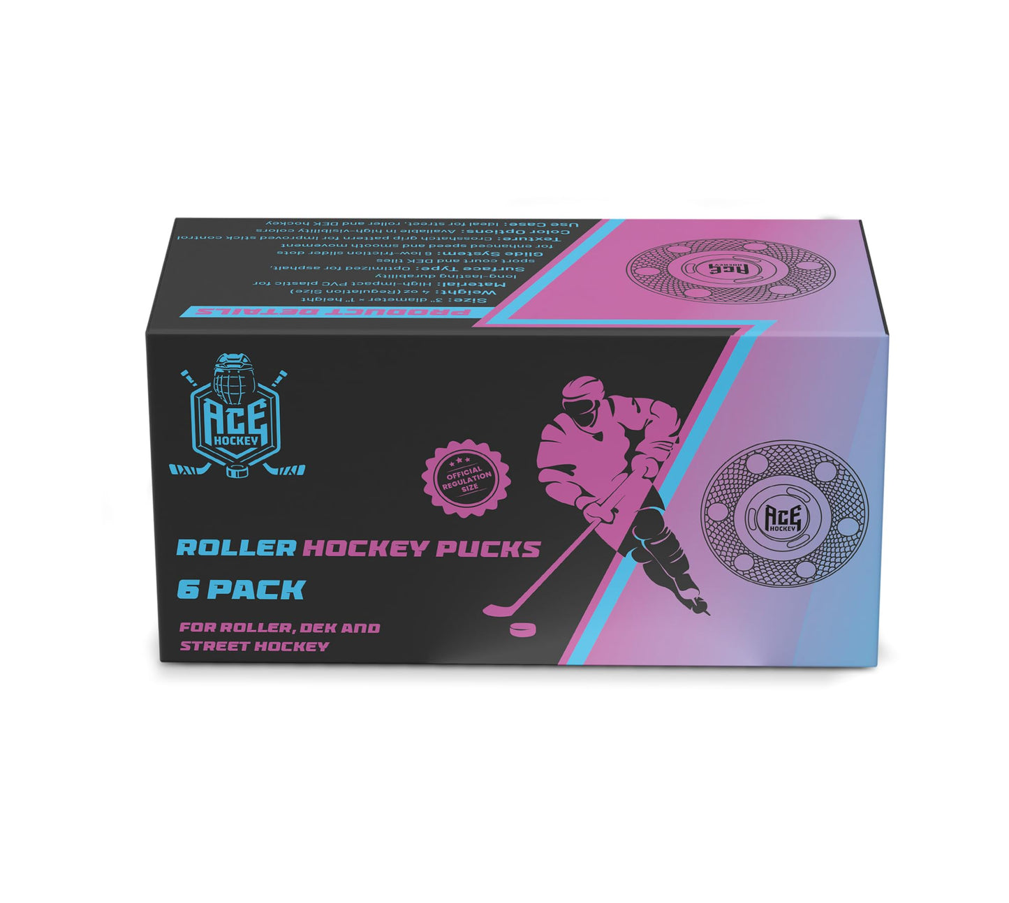 ACE HOCKEY ROLLER HOCKEY PUCKS – 6-PACK REGULATION SIZE – RAINBOW COLORS