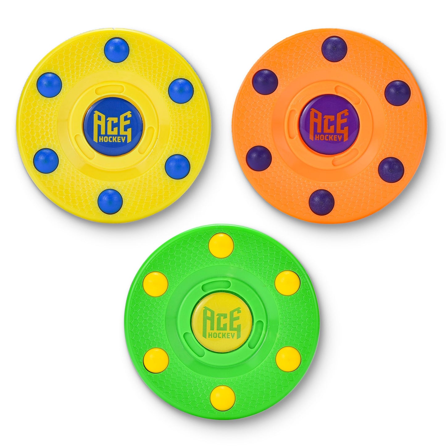 ACE HOCKEY ROLLER HOCKEY PUCKS – 3-PACK REGULATION SIZE – BRIGHT CITRUS COLORS