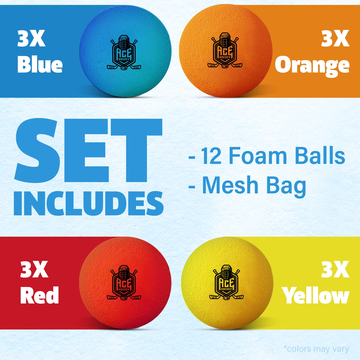 ACE HOCKEY MINI HOCKEY BALLS - 12 FOAM BALLS FOR KNEE AND FLOOR HOCKEY