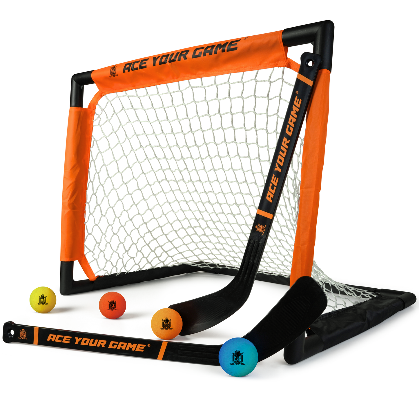 ACE HOCKEY SHINNY SET - 2 PLAYERS - 1 GOAL, 2 STICKS & 4 FOAM BALLS INCLUDED