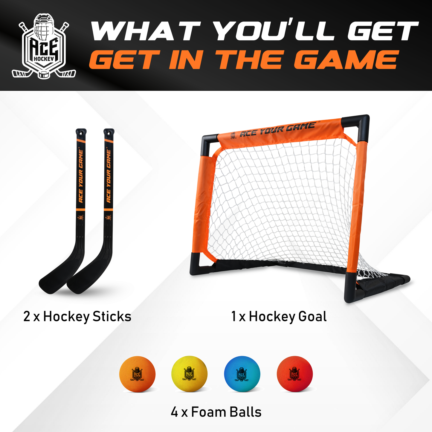 ACE HOCKEY SHINNY SET - 2 PLAYERS - 1 GOAL, 2 STICKS & 4 FOAM BALLS INCLUDED