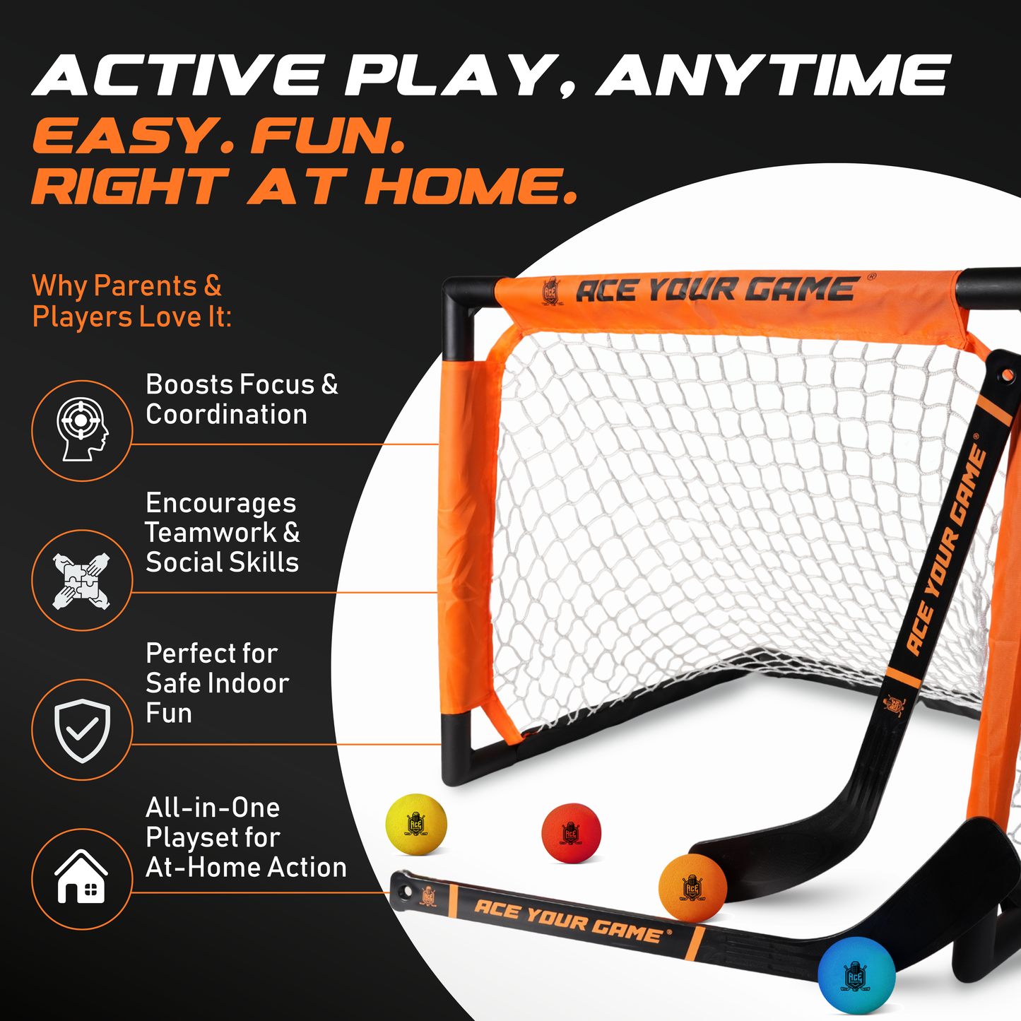ACE HOCKEY SHINNY SET - 2 PLAYERS - 1 GOAL, 2 STICKS & 4 FOAM BALLS INCLUDED