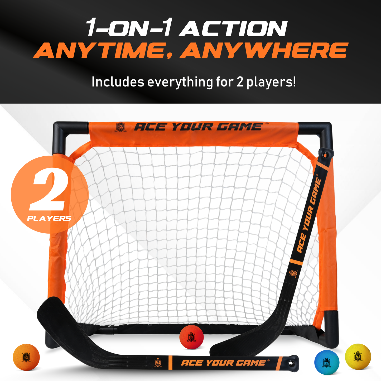 ACE HOCKEY SHINNY SET - 2 PLAYERS - 1 GOAL, 2 STICKS & 4 FOAM BALLS INCLUDED