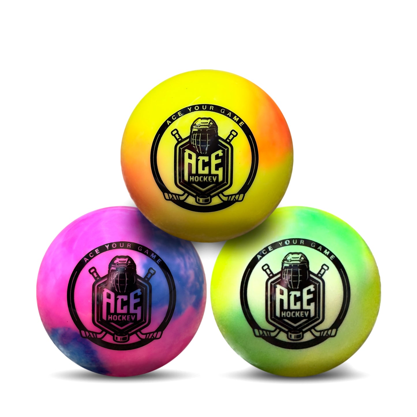 ACE HOCKEY STREET HOCKEY BALLS - 3-PACK WITH MESH BAG - RAINBOW COLORS