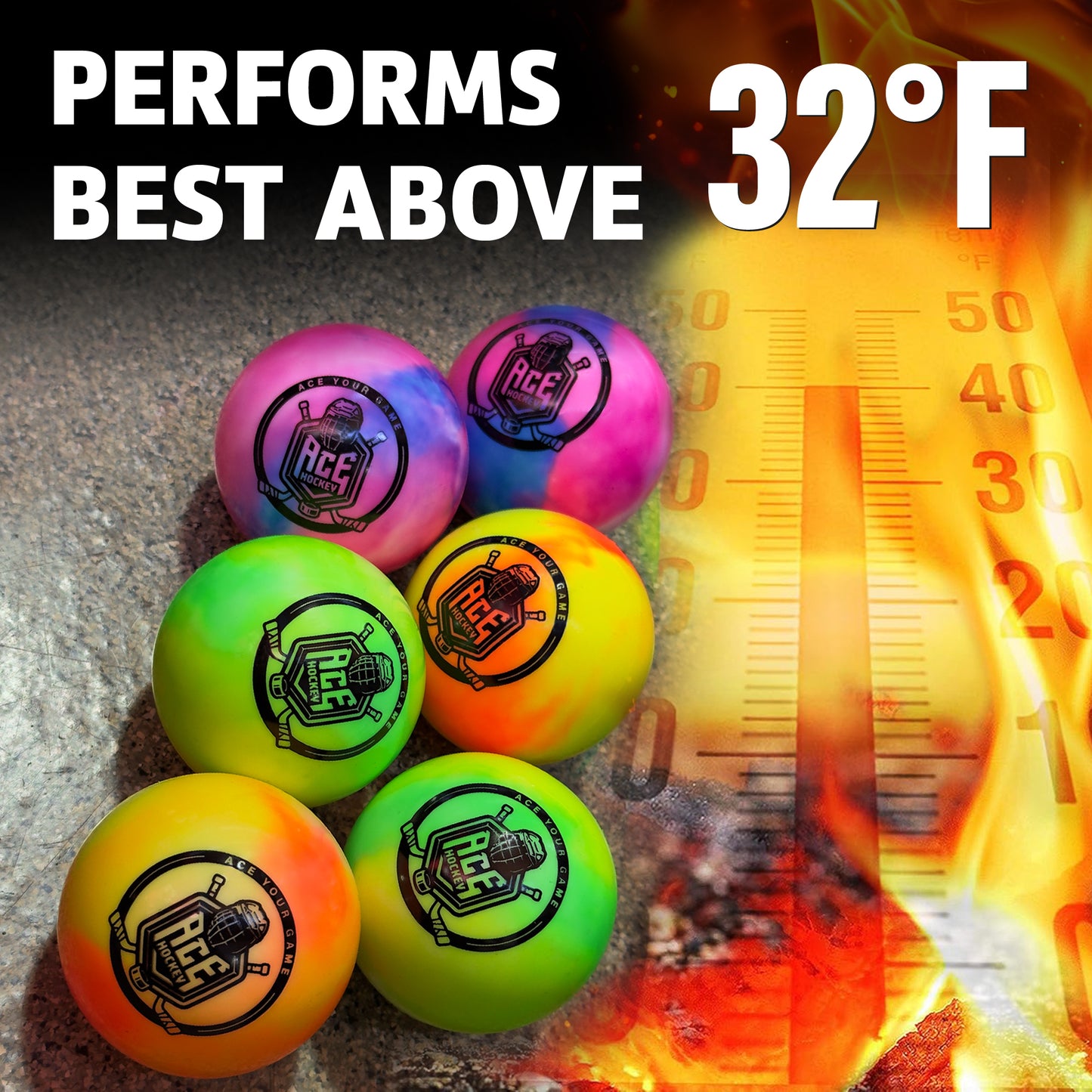 ACE HOCKEY STREET HOCKEY BALLS - 3-PACK WITH MESH BAG - RAINBOW COLORS