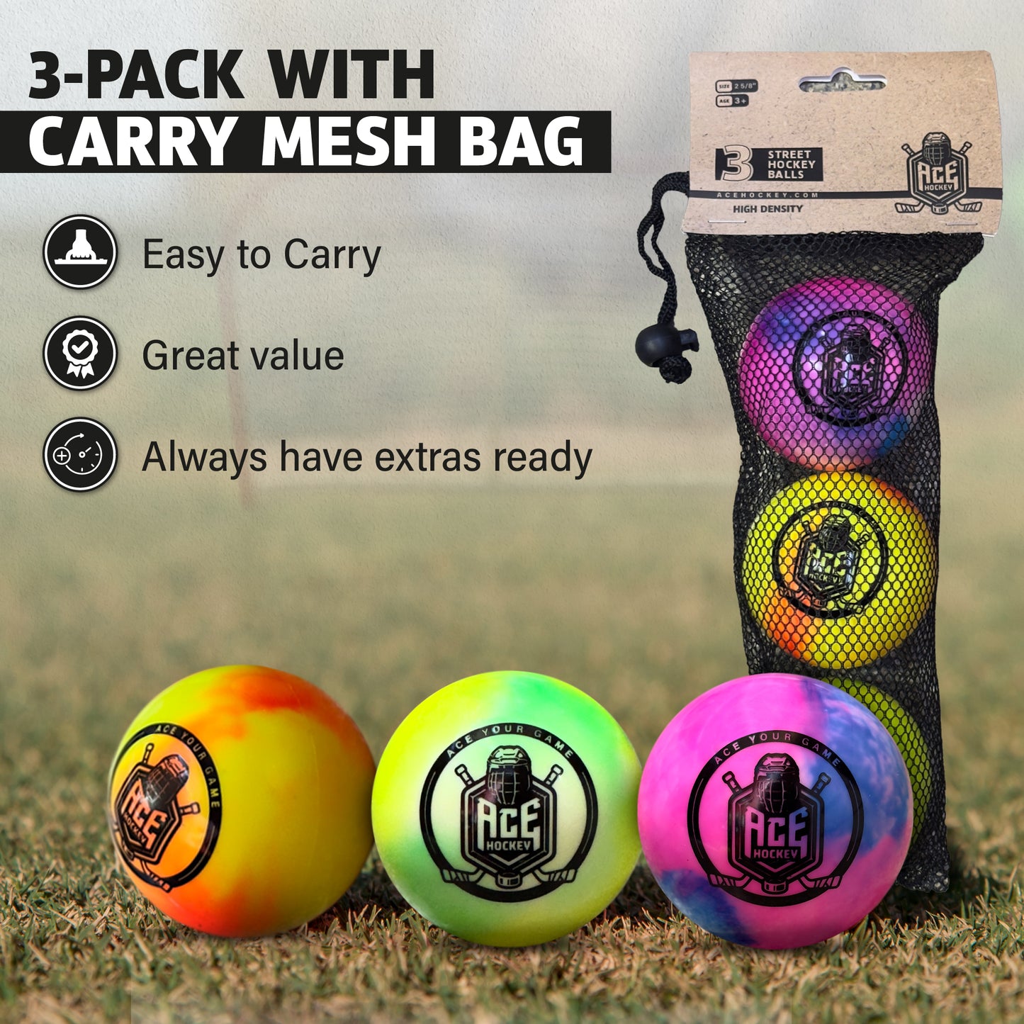 ACE HOCKEY STREET HOCKEY BALLS - 3-PACK WITH MESH BAG - RAINBOW COLORS