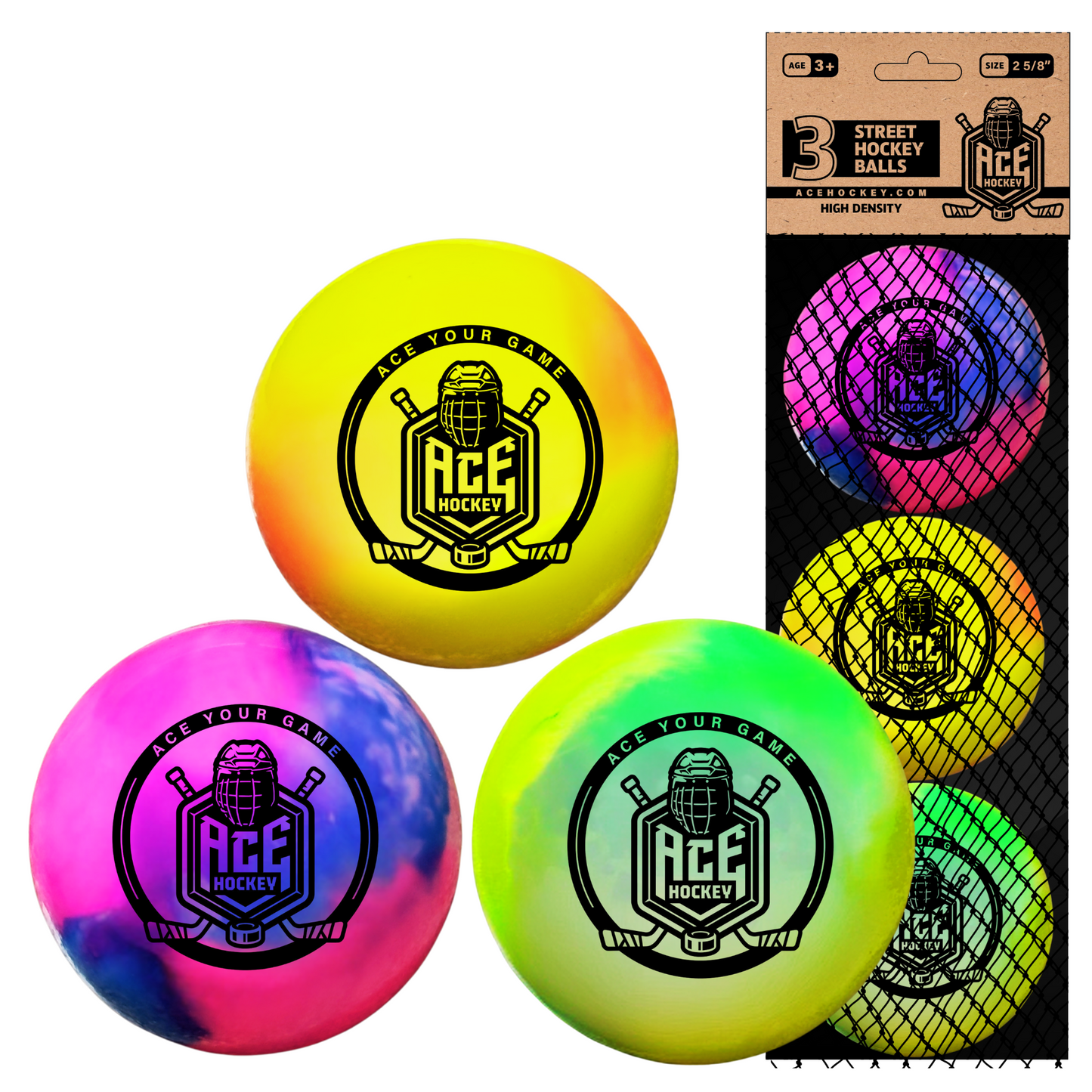 ACE HOCKEY STREET HOCKEY BALLS - 3-PACK WITH MESH BAG - RAINBOW COLORS