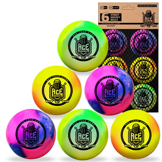ACE HOCKEY STREET HOCKEY BALLS - 6-PACK WITH MESH BAG - RAINBOW COLORS