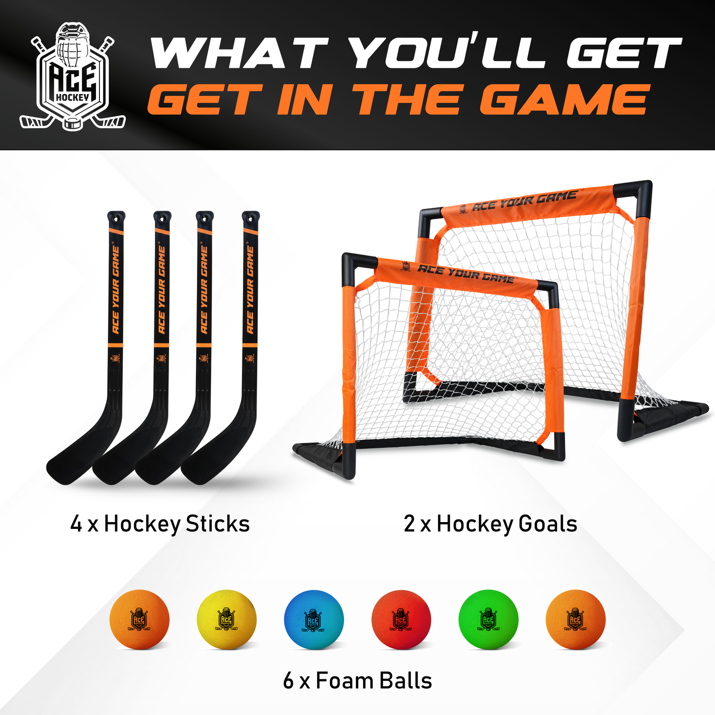 ACE HOCKEY SHINNY SET - 4 PLAYERS - 2 GOALS, 4 STICKS & 6 FOAM BALLS INCLUDED