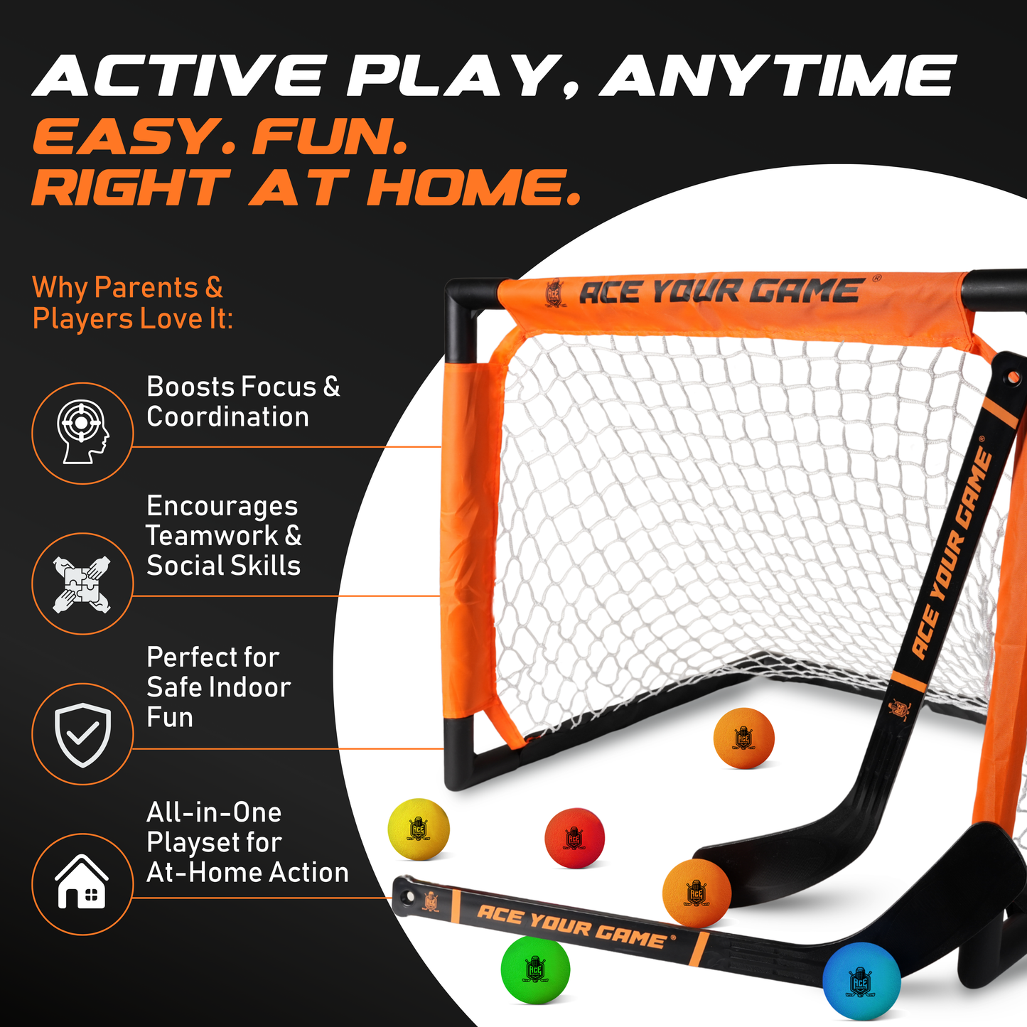 ACE HOCKEY SHINNY SET - 4 PLAYERS - 2 GOALS, 4 STICKS & 6 FOAM BALLS INCLUDED