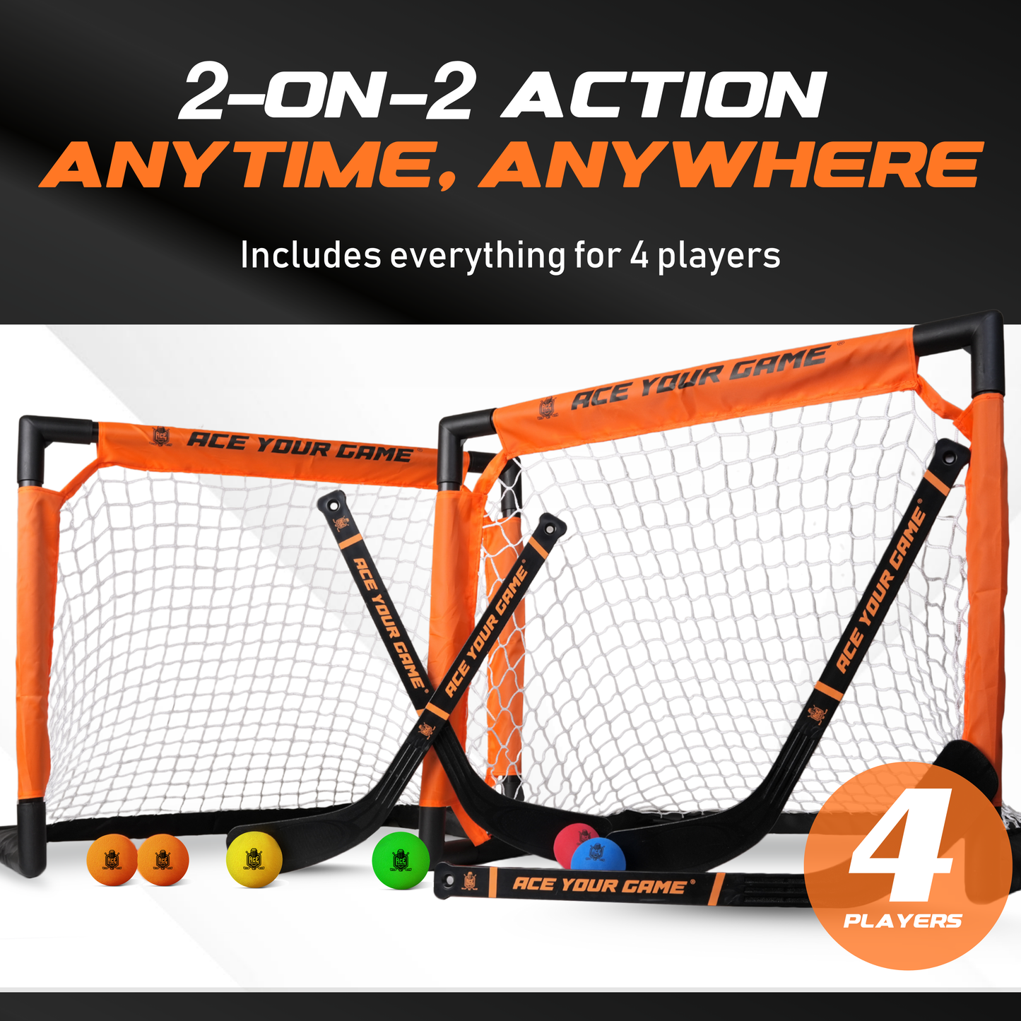 ACE HOCKEY SHINNY SET - 4 PLAYERS - 2 GOALS, 4 STICKS & 6 FOAM BALLS INCLUDED