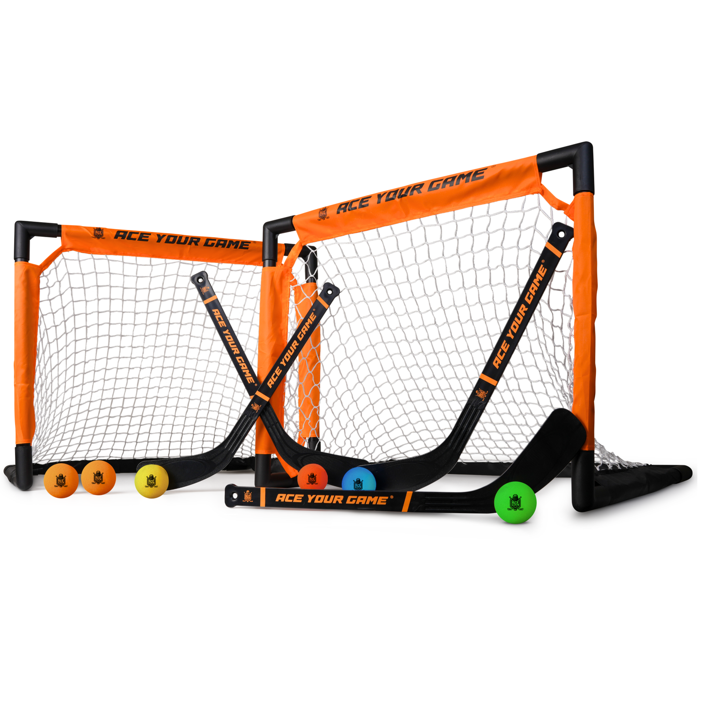 ACE HOCKEY SHINNY SET - 4 PLAYERS - 2 GOALS, 4 STICKS & 6 FOAM BALLS INCLUDED