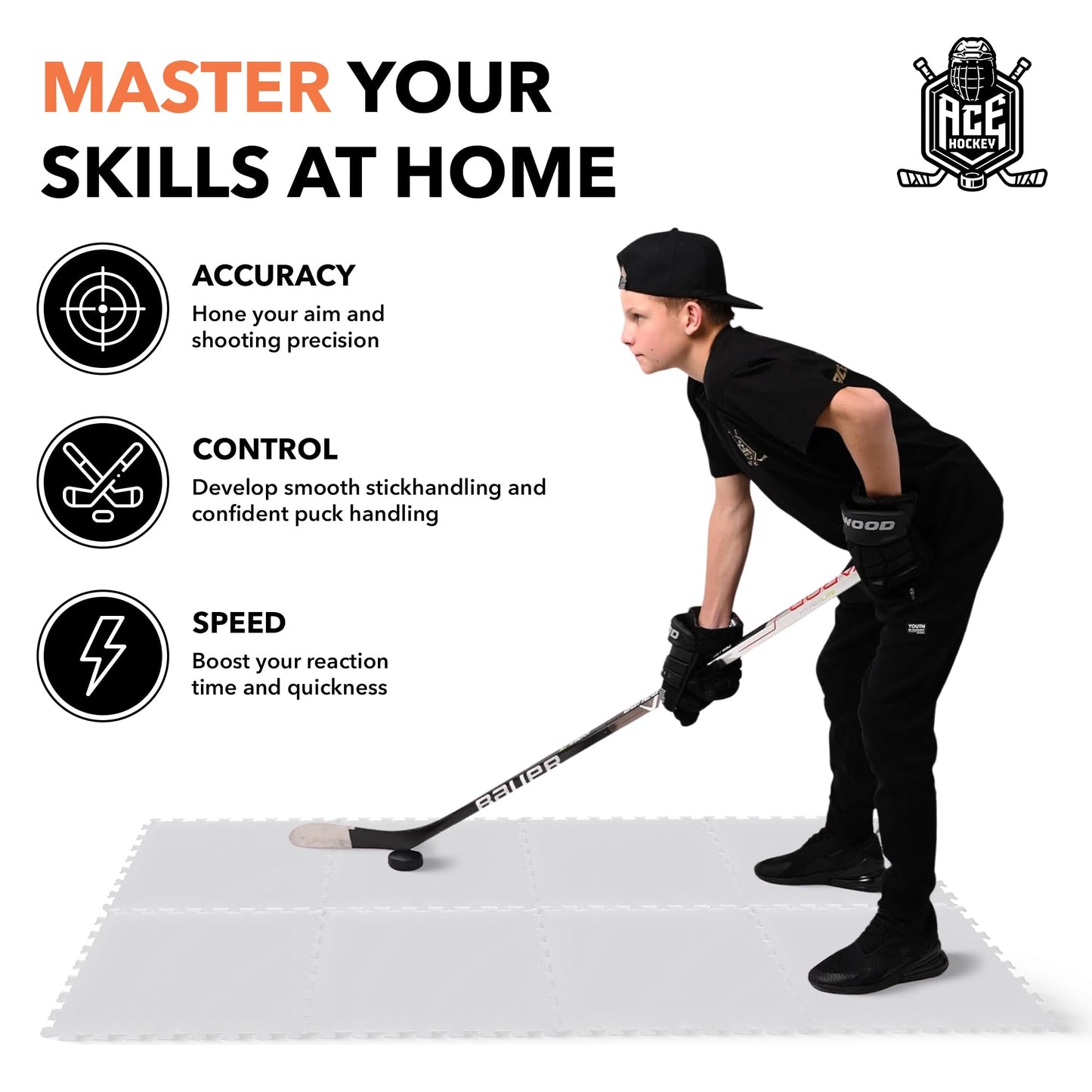 ACE HOCKEY OFF-ICE TRAINING TILES – 20 SQ. FT PRACTICE FLOORING FOR STICKHANDLING & SHOOTING 9-PACK