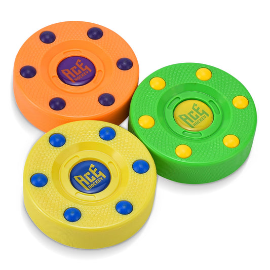 ACE HOCKEY ROLLER HOCKEY PUCKS – 3-PACK REGULATION SIZE – BRIGHT CITRUS COLORS