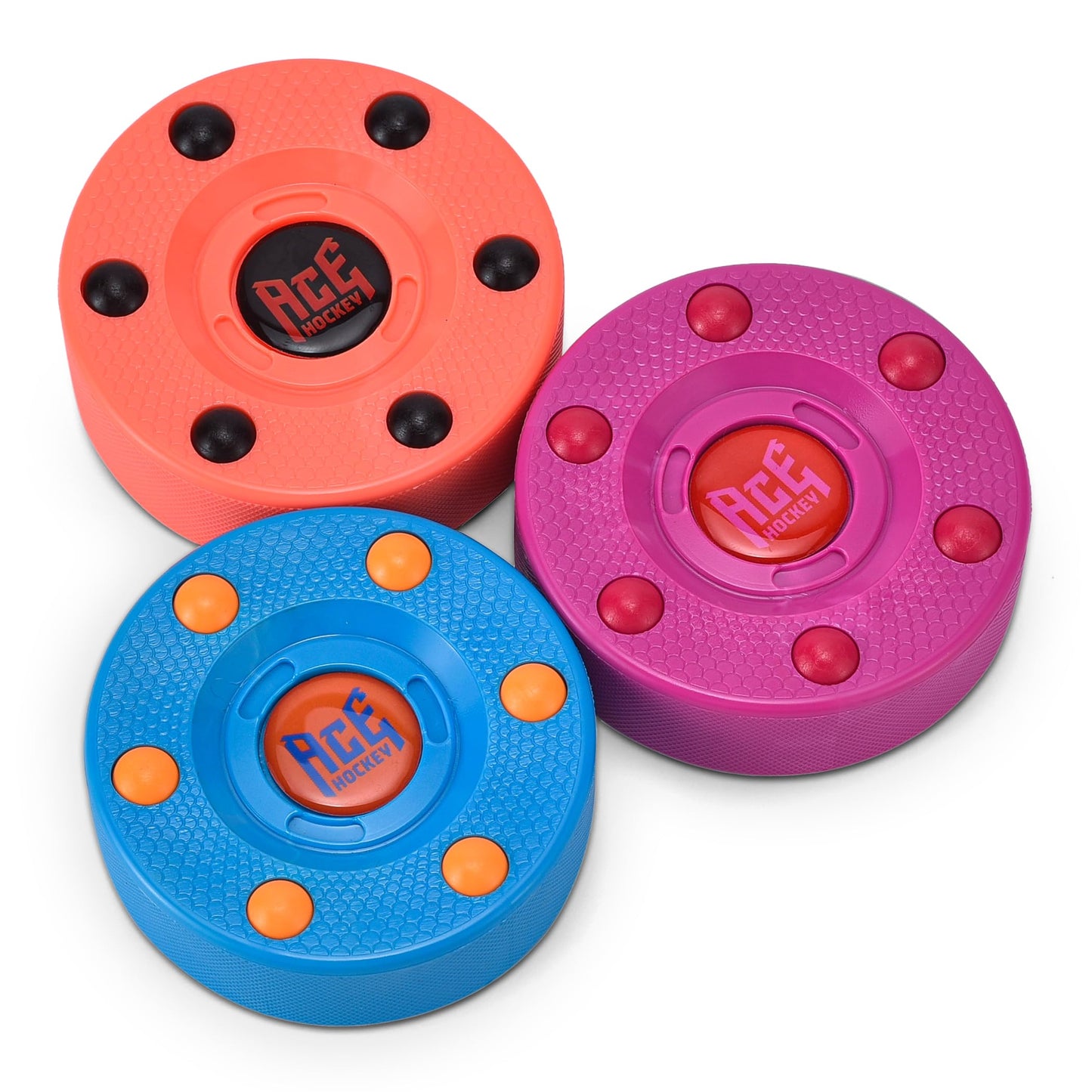 ACE HOCKEY ROLLER HOCKEY PUCKS – 3-PACK REGULATION SIZE – BRIGHT BERRY COLORS