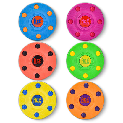 ACE HOCKEY ROLLER HOCKEY PUCKS – 6-PACK REGULATION SIZE – RAINBOW COLORS