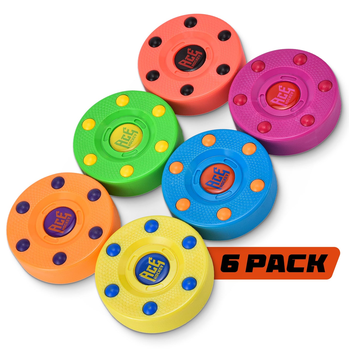ACE HOCKEY ROLLER HOCKEY PUCKS – 6-PACK REGULATION SIZE – RAINBOW COLORS