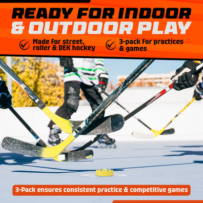 ACE HOCKEY ROLLER HOCKEY PUCKS – 3-PACK REGULATION SIZE – BRIGHT CITRUS COLORS