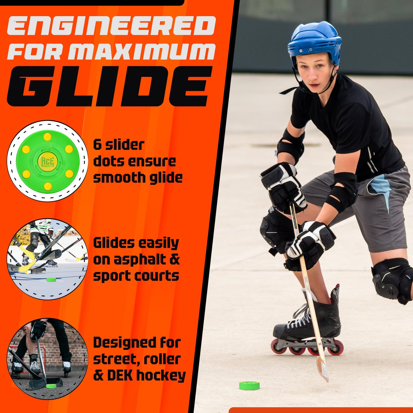 ACE HOCKEY ROLLER HOCKEY PUCKS – 3-PACK REGULATION SIZE – BRIGHT CITRUS COLORS