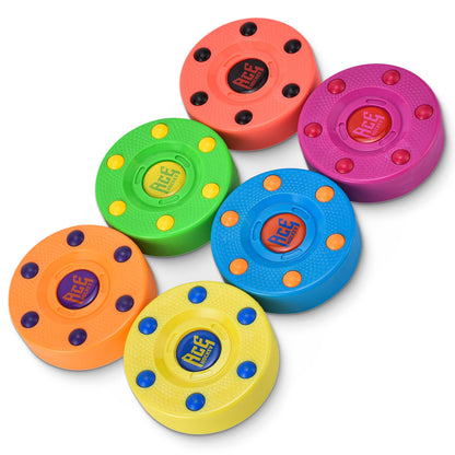 ACE HOCKEY ROLLER HOCKEY PUCKS – 6-PACK REGULATION SIZE – RAINBOW COLORS