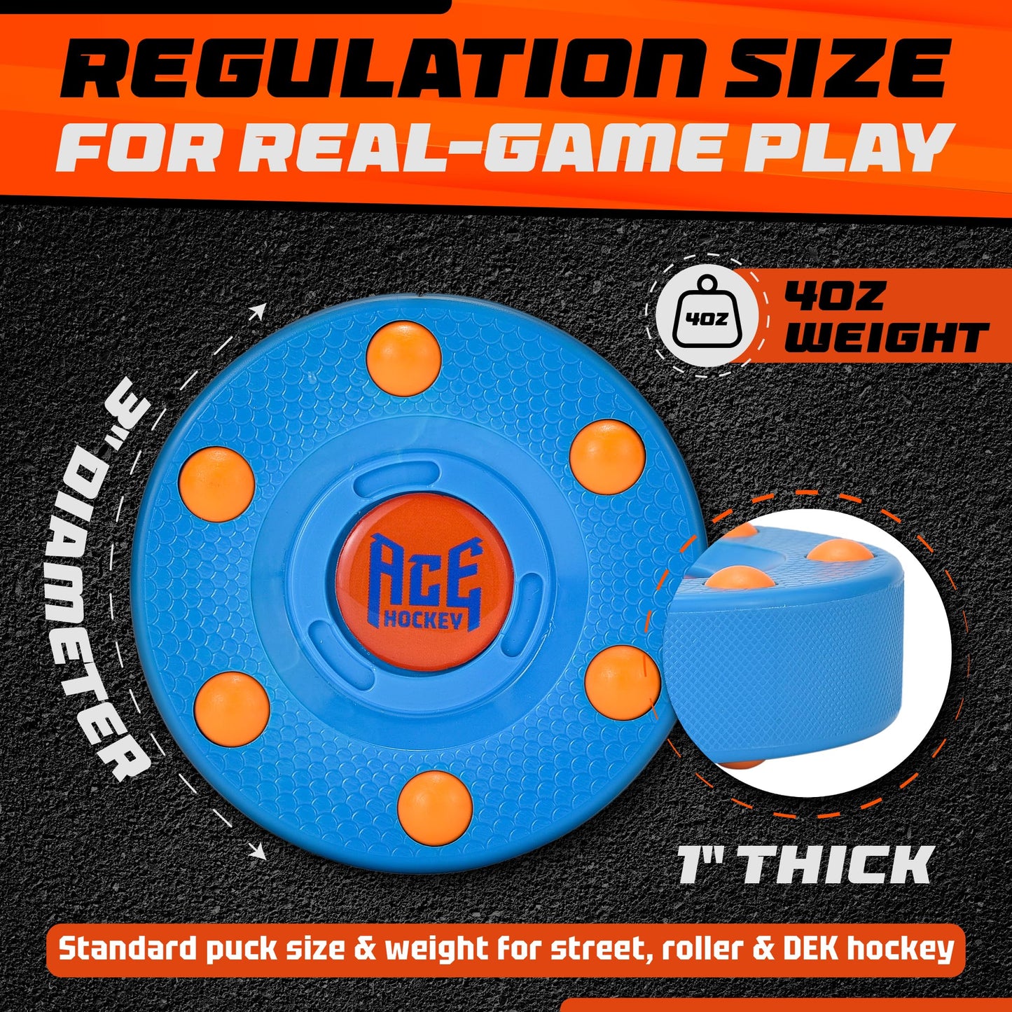 ACE HOCKEY ROLLER HOCKEY PUCKS – 6-PACK REGULATION SIZE – RAINBOW COLORS