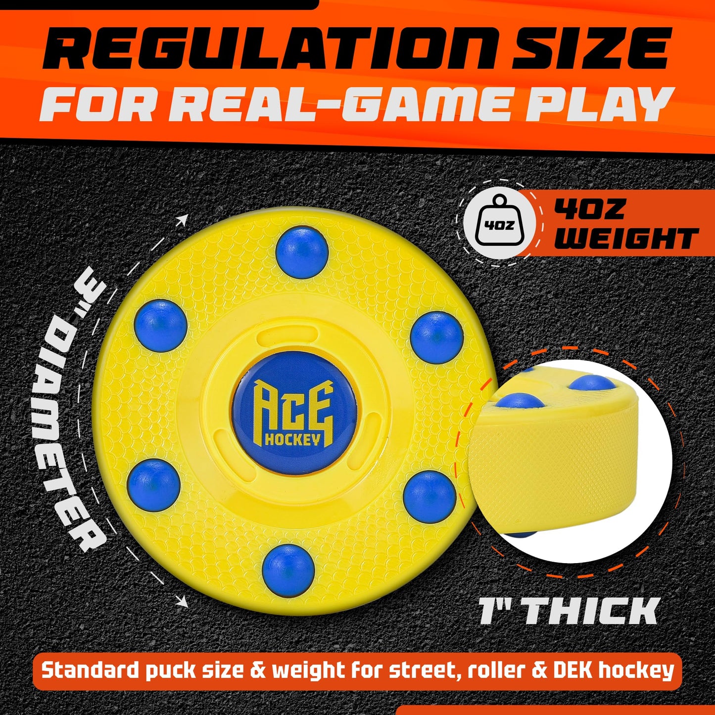 ACE HOCKEY ROLLER HOCKEY PUCKS – 3-PACK REGULATION SIZE – BRIGHT CITRUS COLORS