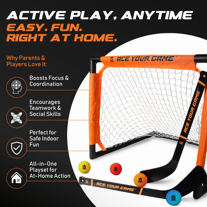 ACE HOCKEY SHINNY SET - 2 PLAYERS - 1 GOAL, 2 STICKS & 4 FOAM BALLS INCLUDED