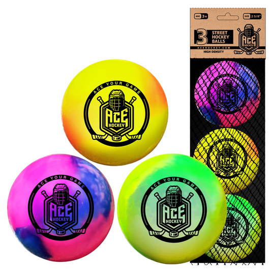 ACE HOCKEY STREET HOCKEY BALLS - 3-PACK WITH MESH BAG - RAINBOW COLORS