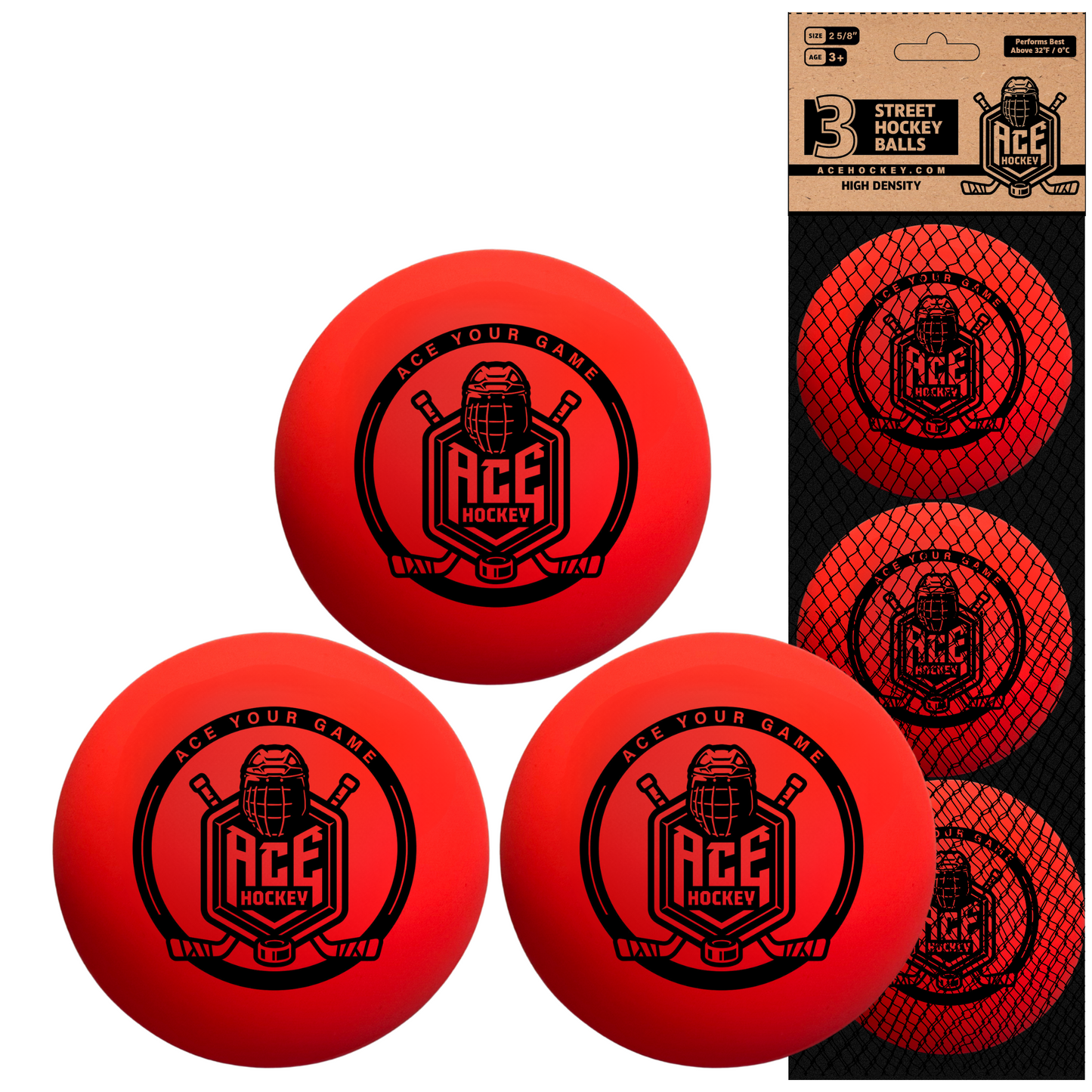 ACE HOCKEY STREET HOCKEY BALLS - 3-PACK WITH MESH BAG - ORANGE