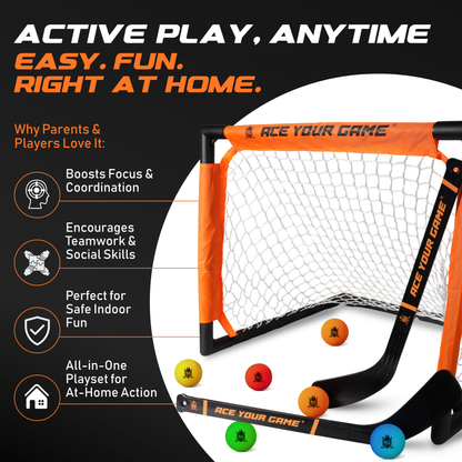 ACE HOCKEY SHINNY SET - 4 PLAYERS - 2 GOALS, 4 STICKS & 6 FOAM BALLS INCLUDED